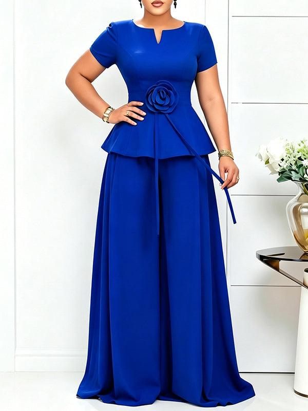 3D Floral Top & Wide-Leg Pants Set