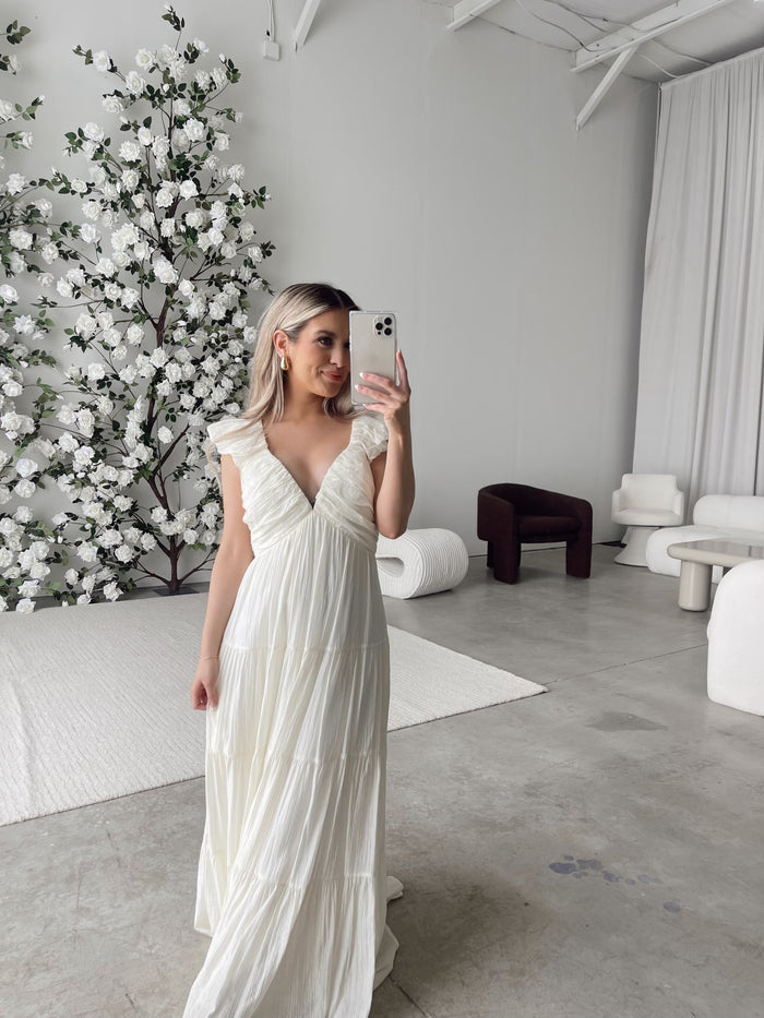 Katy Pleated Bodice Maxi Dress in Cream - Bump Friendly *8/31 PRE-ORDER*