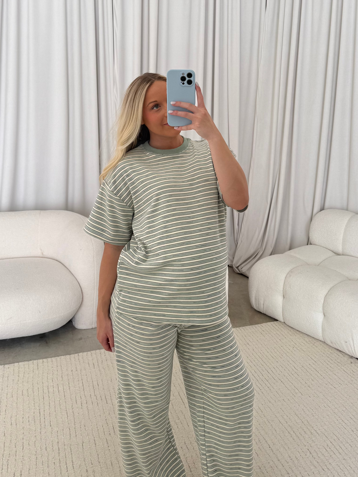 Naomi Striped Fleece Oversized Short Sleeve Top in Sage - Bump Friendly