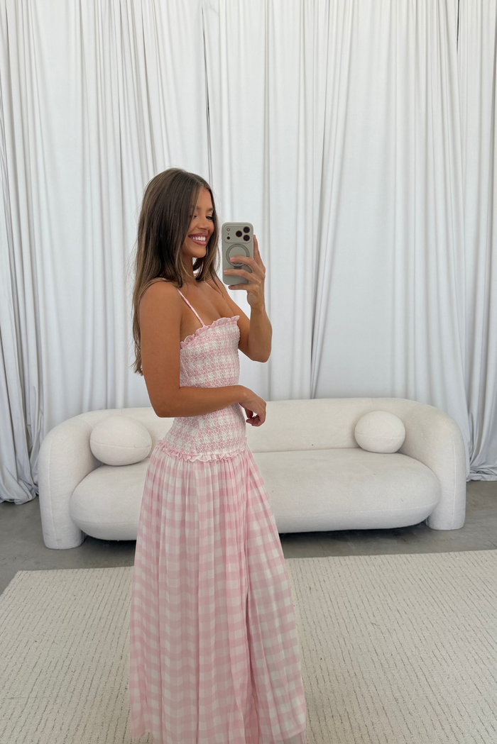 Abbie Drop Waist Smocked Gingham Maxi Dress in Baby Pink *Final Sale*