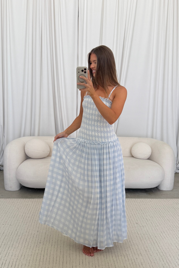 Abbie Drop Waist Smocked Gingham Maxi Dress in Blue *Final Sale*