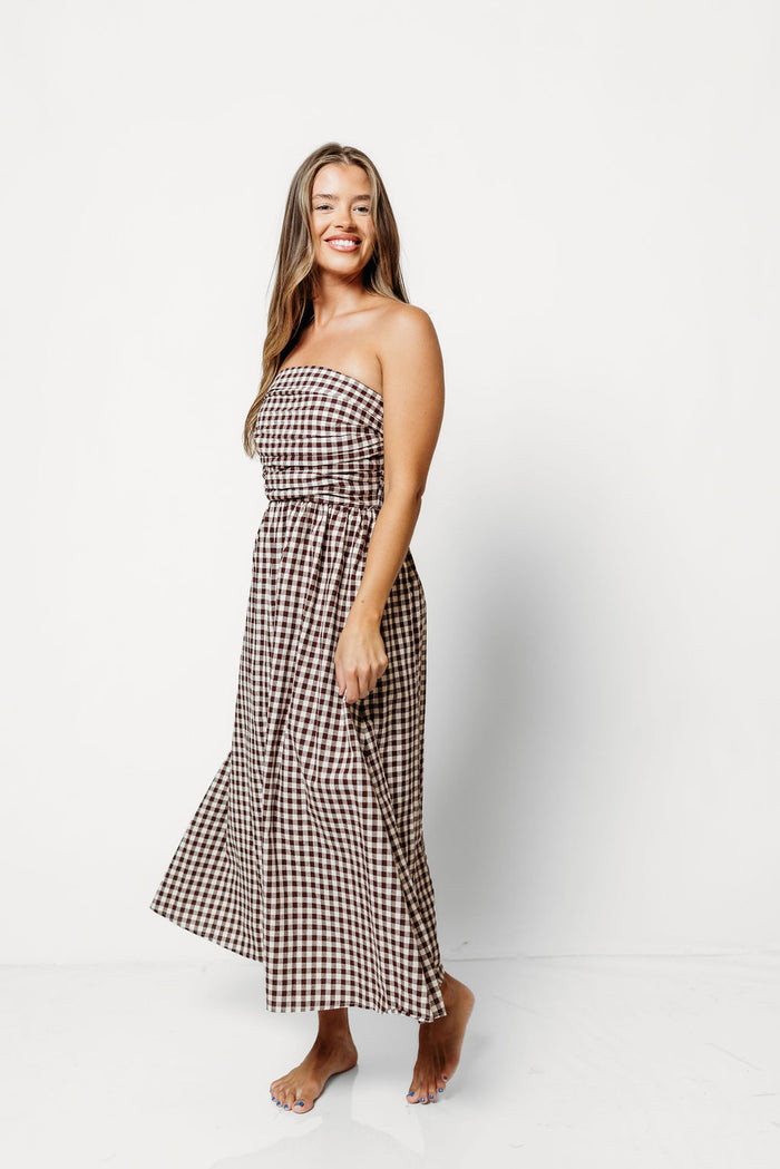 Alexis Gingham Tube Maxi Dress in Brown