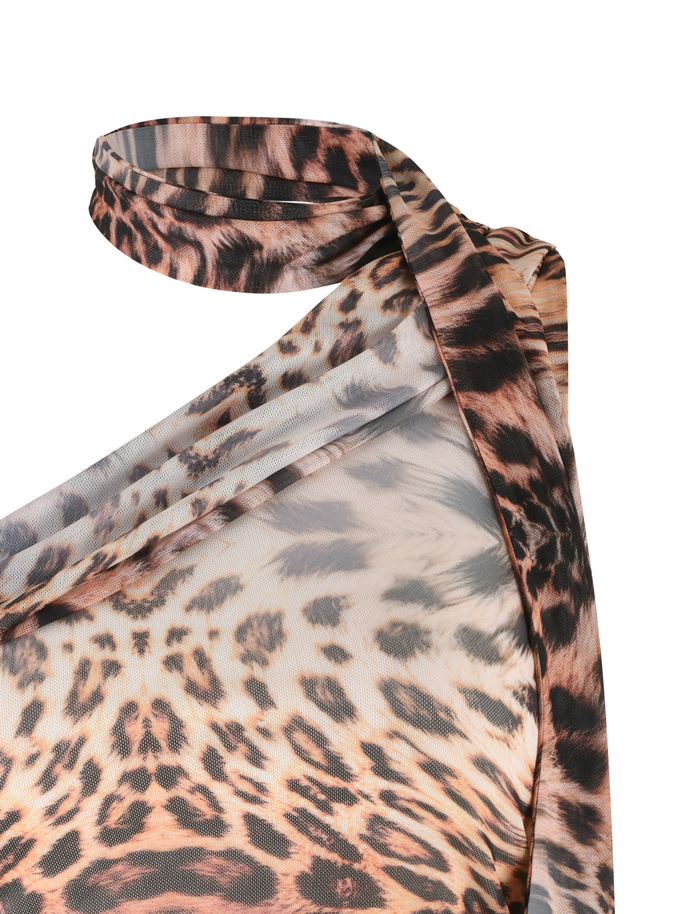 Close-up of the ALLIRA TOP - NEUTRAL : LEOPARD HAZE by TIGERMIST, featuring a sheer, bodycon fit with a high twisted neckline and authentic brown, tan, and black leopard-print pattern.