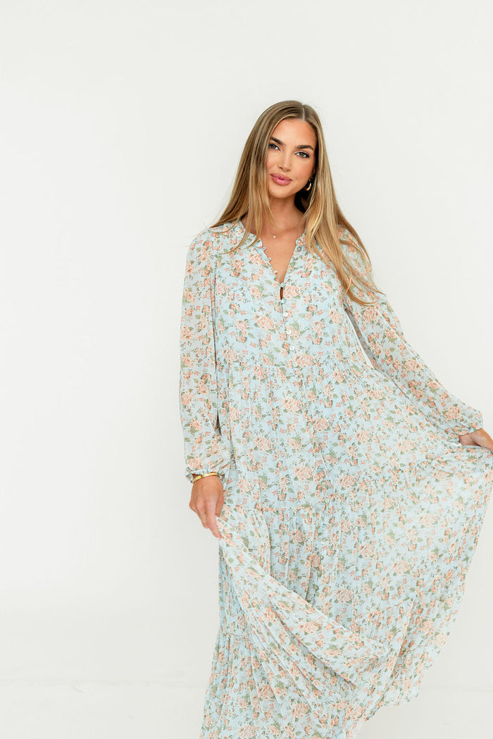 Anna Floral Button-Down Maxi Dress in Light Blue - Bump Friendly