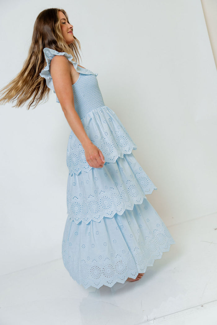 Ashlynn Ruffled Smocked Eyelet Tiered Maxi Dress in Light Blue