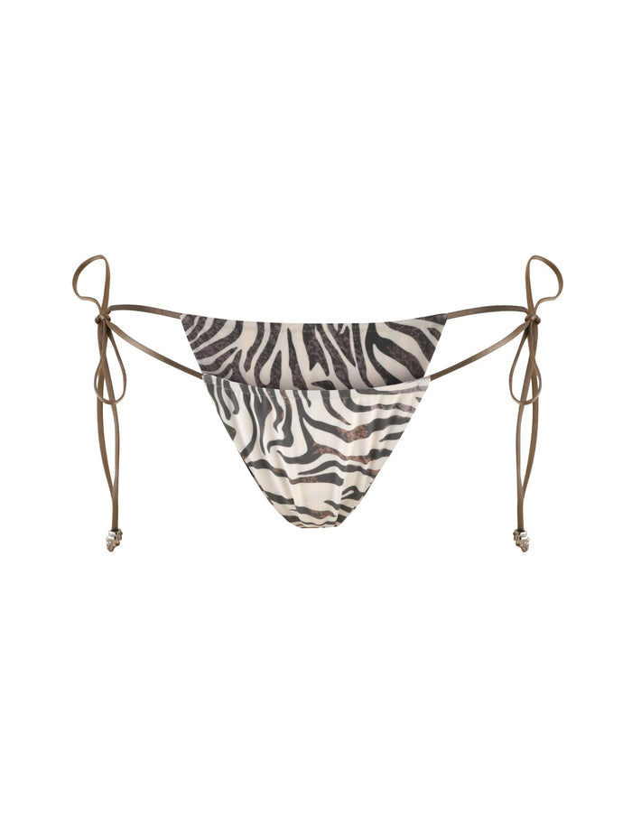 The AVE Bikini Bottom in Neutral Zebra from TIGERMIST is beautifully displayed with brown adjustable side ties on a crisp white background.