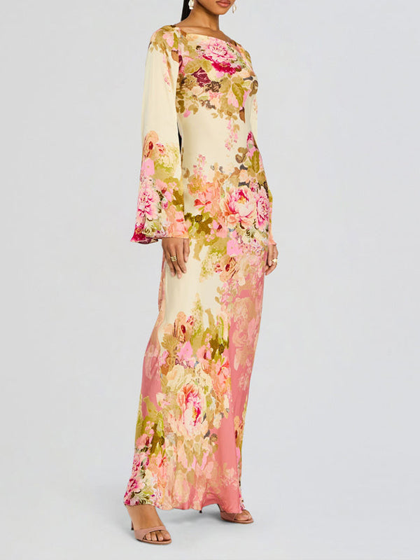 Beautiedoll Printed Bell-Sleeve Maxi Dress