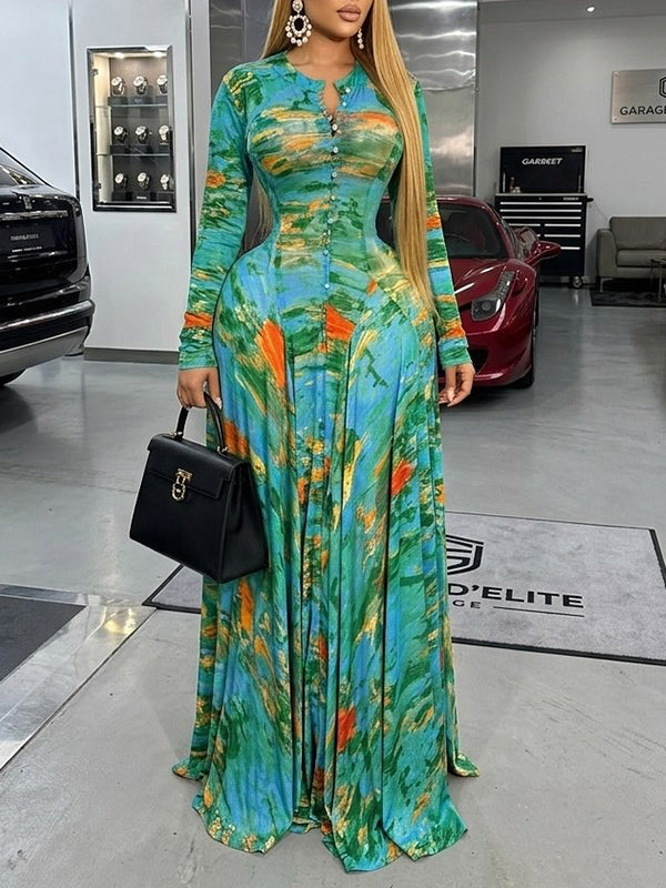 Beautiedoll Printed Button-Front Maxi Dress