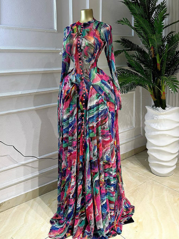 Beautiedoll Printed Button-Front Maxi Dress