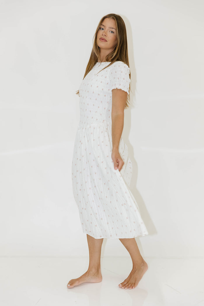Bianca 100% Cotton Smocked Floral Midi Dress in Off White (Restocking Jan 2027)