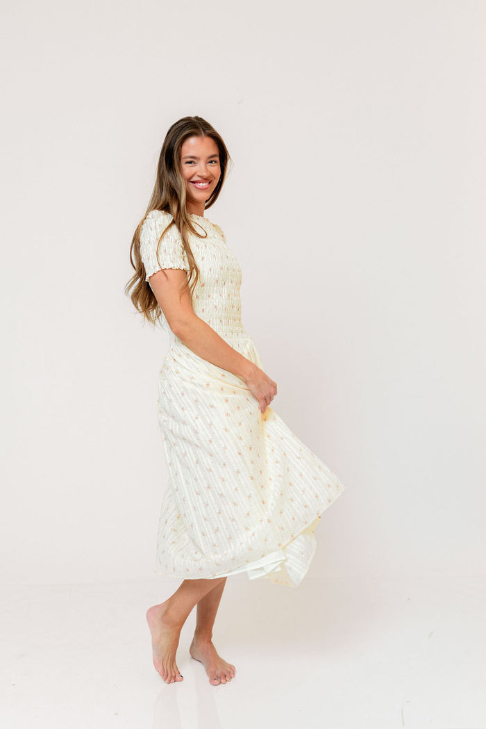 Bianca Smocked Floral Midi Dress in Butter Yellow (Restocking Jan 2027)