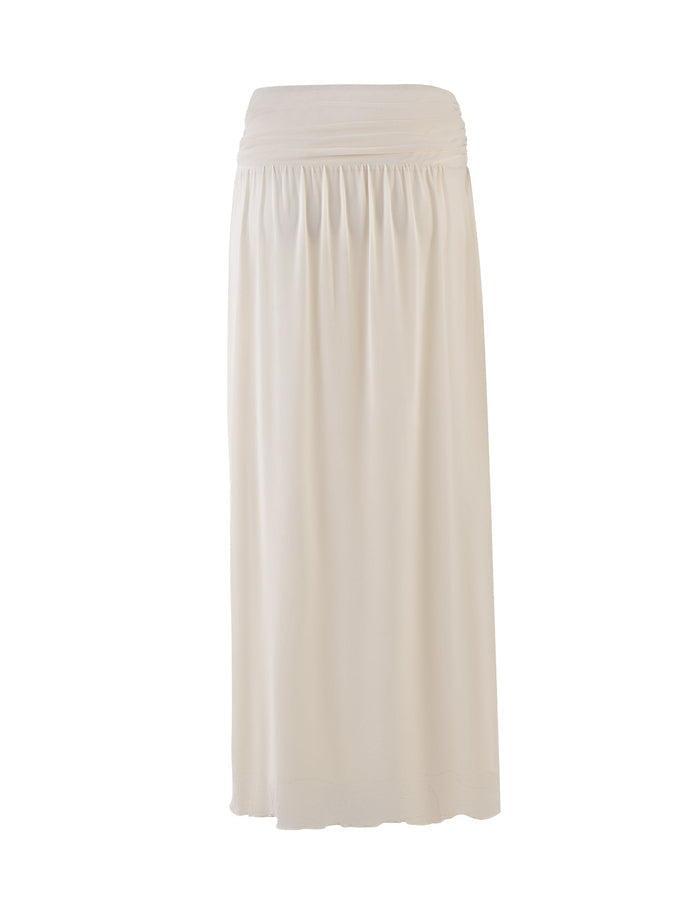 A full-length, cream high-waisted BIRDEE SKIRT from TIGERMIST displayed against a plain white background. The skirt features a gathered, slightly pleated waistband that flows into a smooth, loose, and straight silhouette.