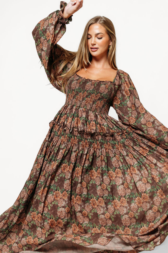Blaine Smocked Floral Maxi Dress in Brown - Bump Friendly