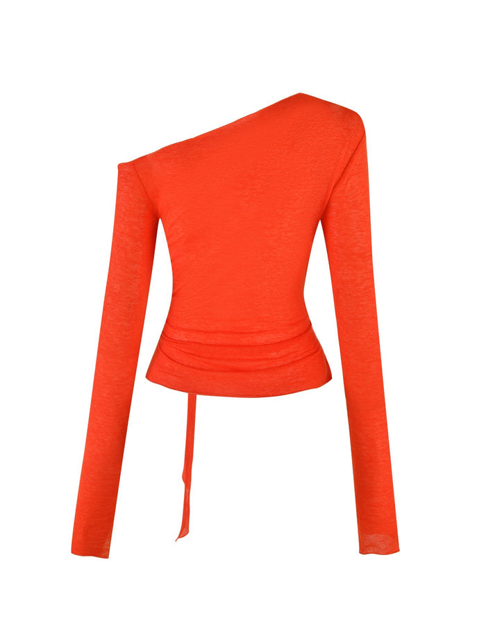Presenting the BRYNA JUMPER in red by TIGERMIST, a stylish asymmetrical long-sleeve top featuring one off-the-shoulder design and a fitted silhouette with wrap-around ties for a modern and chic look.