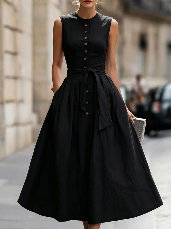 Button-Front Tied Sleeveless Dress