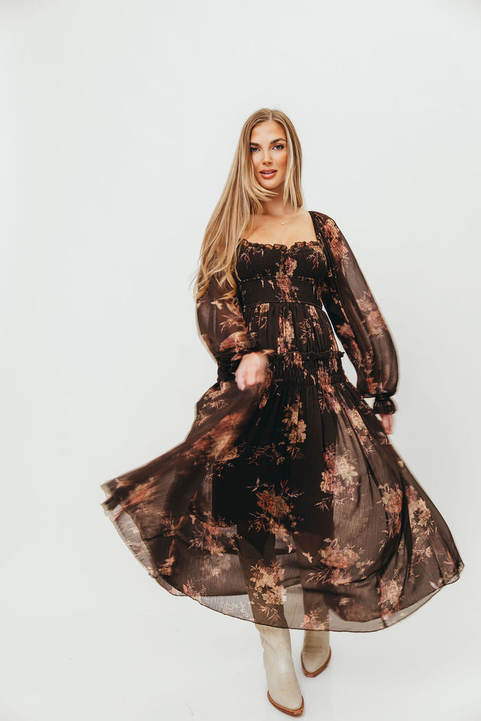 Camila Floral Chiffon Midi Dress in Espresso