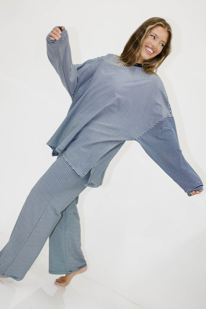Campbell Mini Breton Striped Fleece Lounge Pants in Navy
