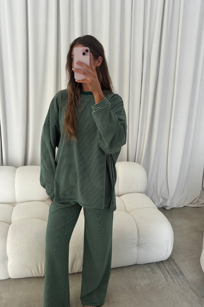 Campbell Striped Fleece Lounge Pants in Forest Green