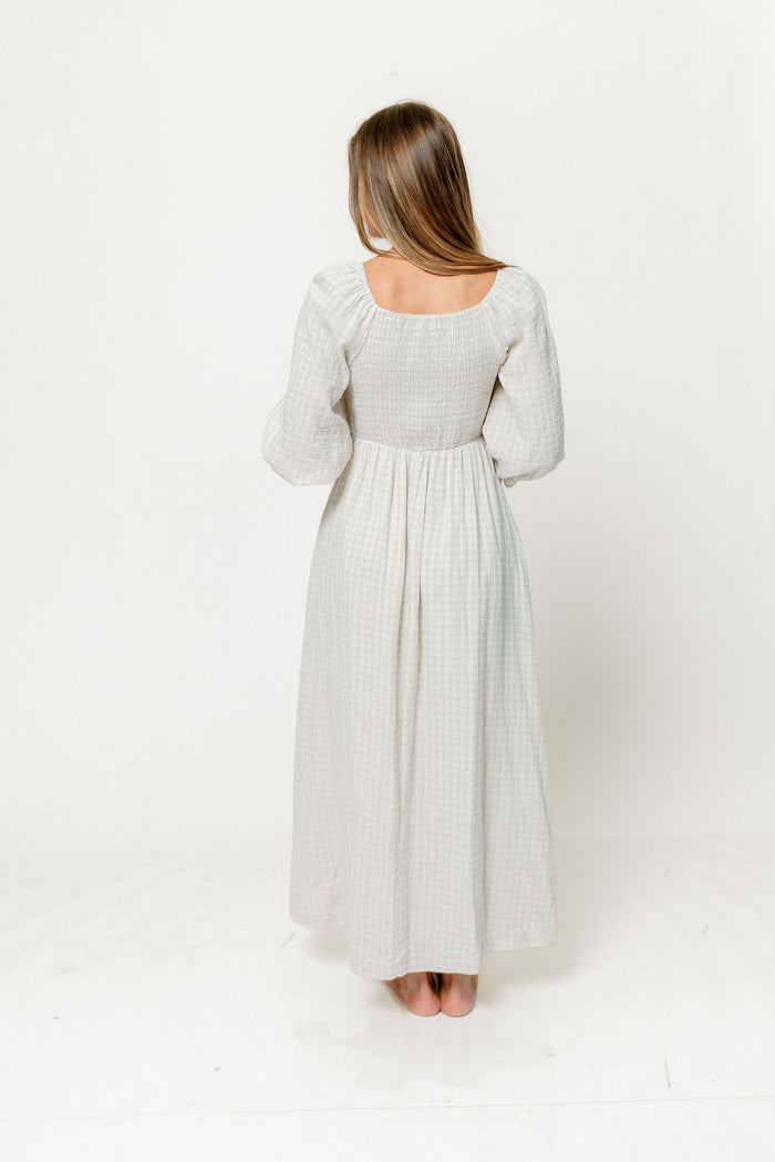 Cecilia 100% Cotton Smocked Maxi Dress in Baby Blue Plaid (Lined) - Bump Friendly