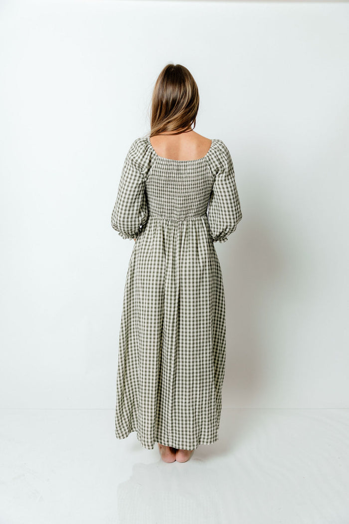 Cecilia 100% Cotton Smocked Maxi Dress in Forest Plaid (Lined) - Bump Friendly