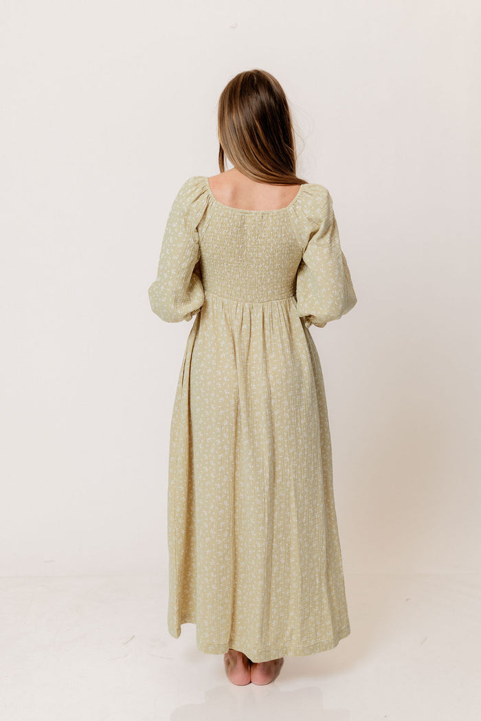 Cecilia 100% Cotton Smocked Maxi Dress in Green Haze Foliage - Bump Friendly