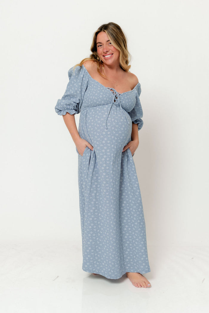Cecilia 100% Cotton Smocked Maxi Dress in Light Indigo Foliage - Bump Friendly