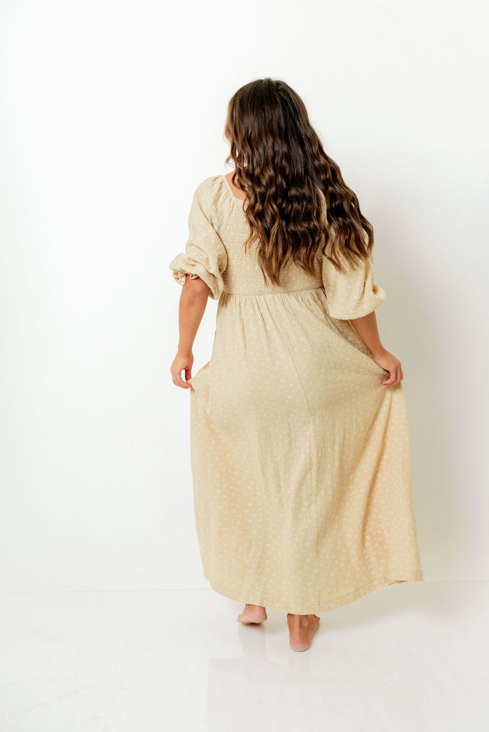 Cecilia 100% Cotton Smocked Maxi Dress in Muted Gold Foliage - Bump Friendly