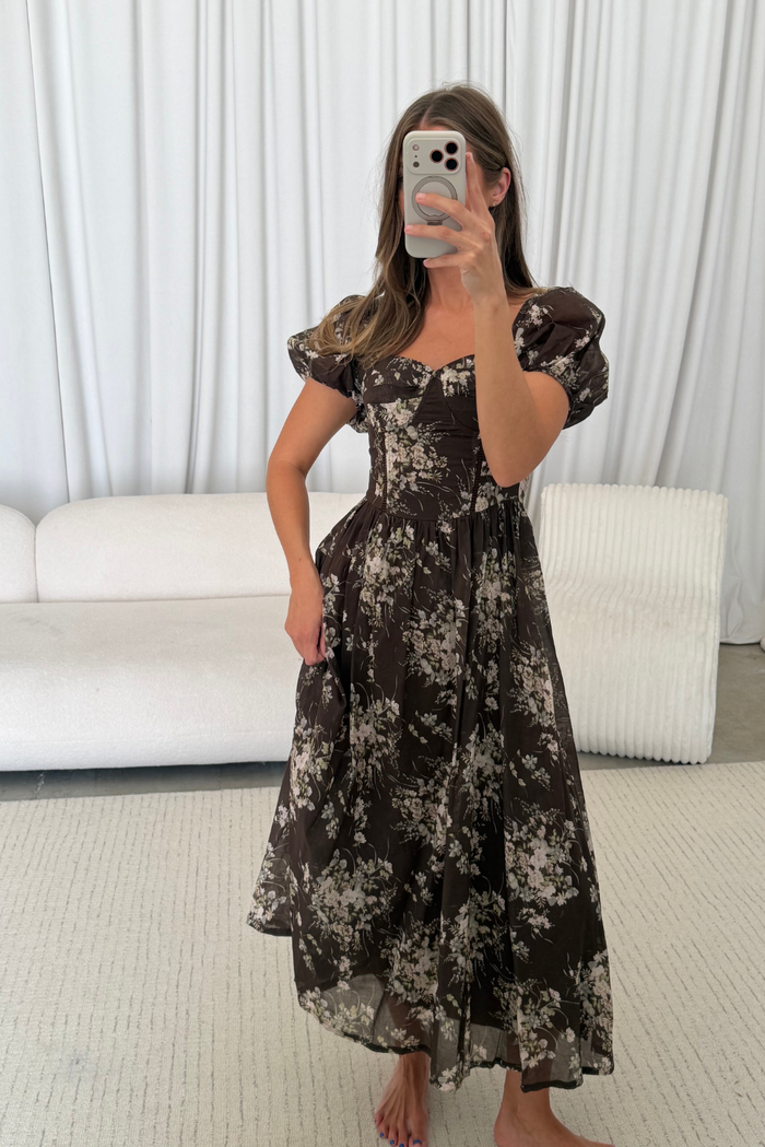Claudette Floral Midi Dress in Brown