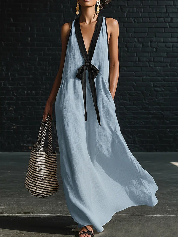 Contrast V-Neck Tied Sleeveless Dress