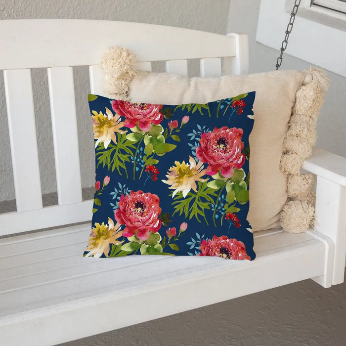 Country Bouquet Navy Outdoor Decorative Pillow