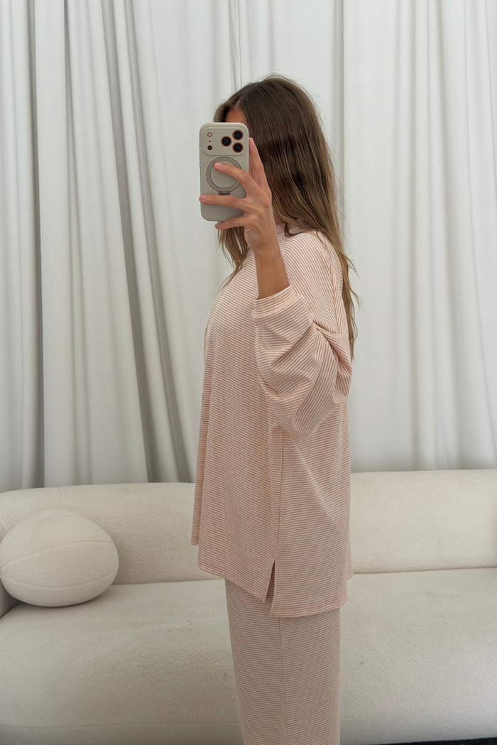 Crawford Striped Ribbed Pants in Baby Pink