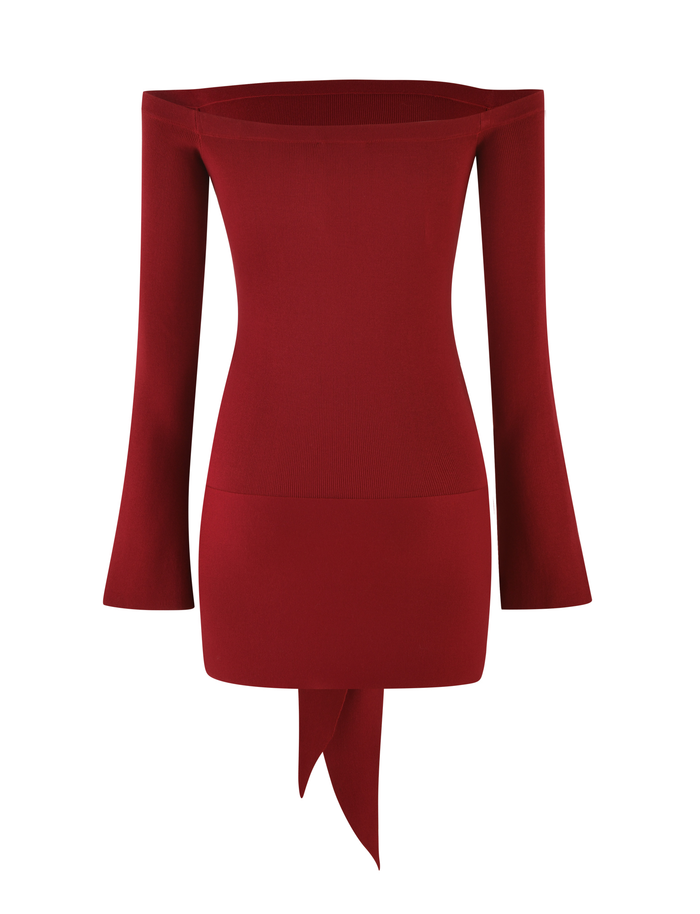 The CYPRESS MINI DRESS - RED : WINE by TIGERMIST features a bodycon fit, long sleeves, an off-the-shoulder neckline, and an asymmetric hem with a pointed draped detail at the center front.