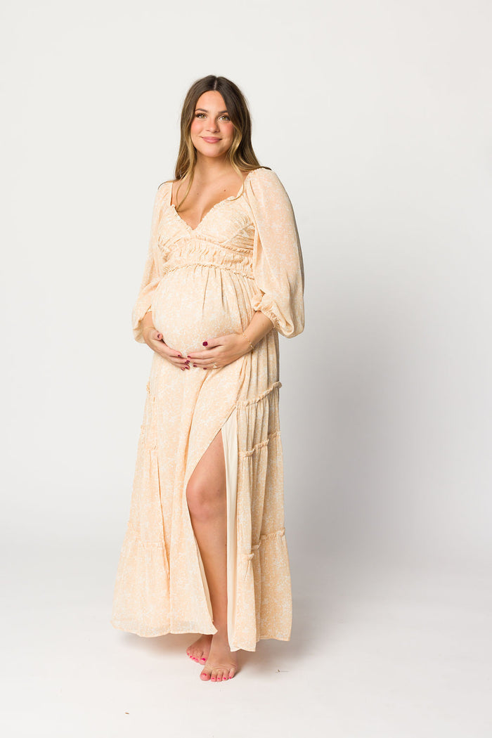 Daphne Long Sleeve Maxi Dress in Light Beige/White Floral - Bump Friendly *Final Sale*