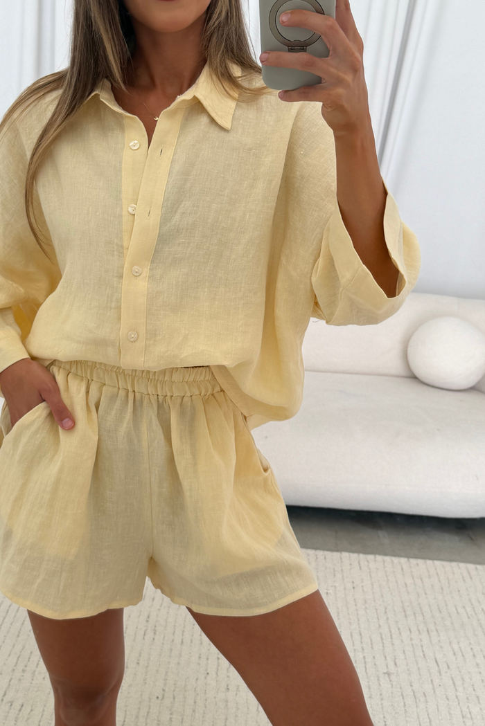 Davis 100% Linen Shorts in Creamy Yellow