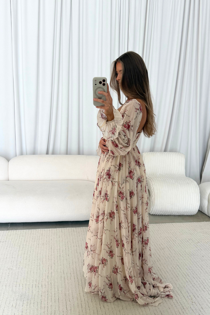 Delilah Floral Maxi Dress with Train in Buttercream/Red - Bump Friendly *9/17 PRE-ORDER*