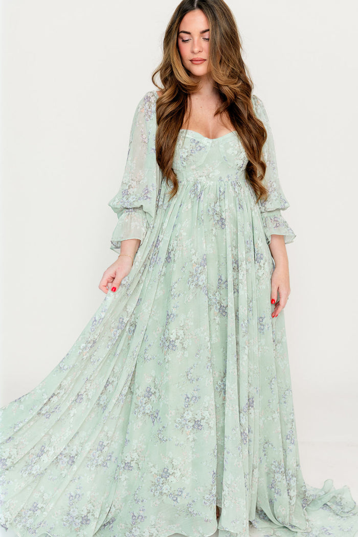Delilah Maxi Dress with Train in Muted Sage Floral - Bump Friendly
