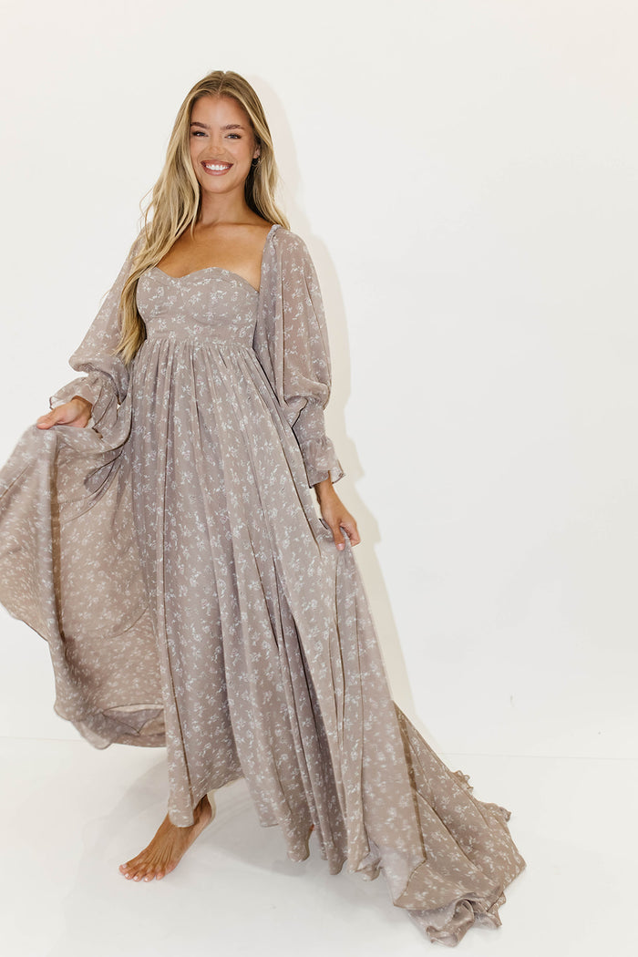 Delilah Maxi Dress with Train in Taupe - Bump Friendly