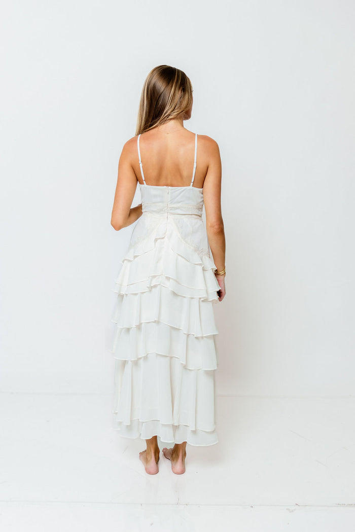 Delta Lace Trim Tiered Midi Dress in Ivory