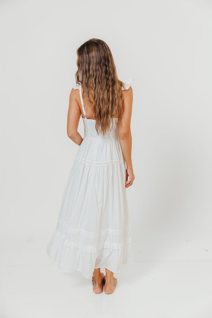 Diana Lace Trim Tiered Detail Ruffle Strap Midi Dress in Off White *Final Sale*