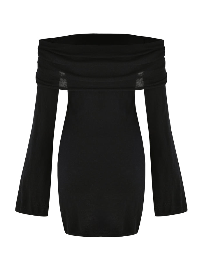 The DIEDRE JUMPER DRESS from TIGERMIST is a black off-the-shoulder, long-sleeve dress with a fitted bodice and flared sleeves. This fully fashioned knit piece features a wide, fold-over neckline that extends across the shoulders, creating a subtle drape effect.