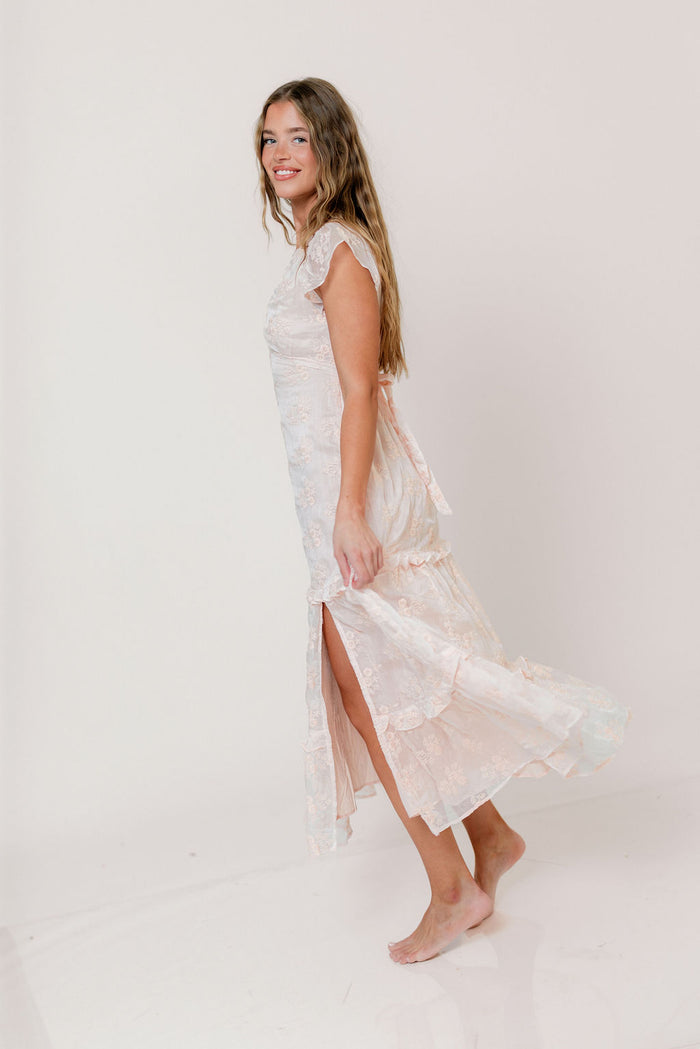 Eleanora Lace Embroidered Tiered Maxi Dress in Apricot *Final Sale*