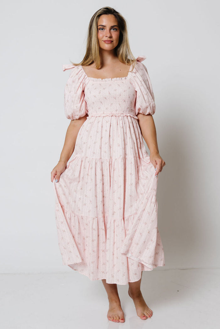 Elena 100% Cotton Floral Midi Dress in Light Pink - Bump Friendly