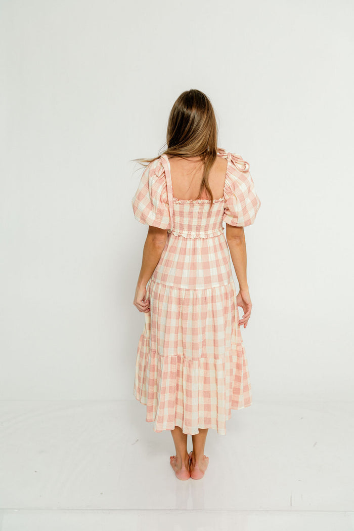 Elena 100% Cotton Gingham Midi Dress in Dusty Pink - Bump Friendly & Inclusive Sizing