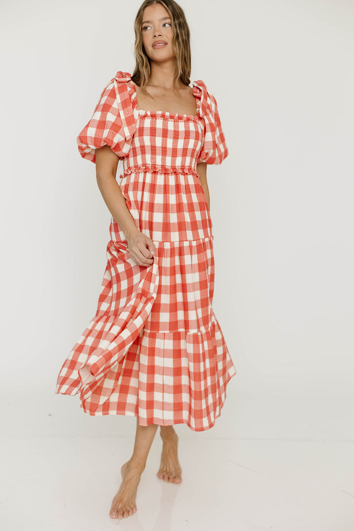 Elena 100% Cotton Gingham Midi Dress in Red - Bump Friendly