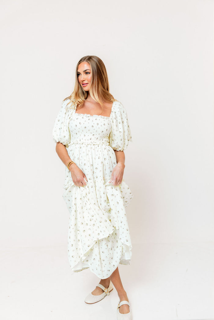 Elena 100% Cotton Midi Dress in Off-White/Pink Floral -Bump Friendly