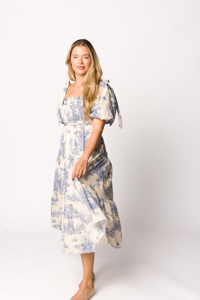 Elena 100% Cotton Toile Print Smocked Midi Dress in Blue - Bump Friendly & Inclusive Sizing