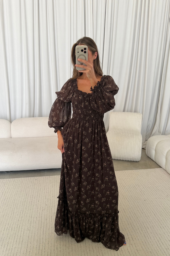 Eloise Maxi Dress in Coffee Floral - Bump Friendly & Size Inclusive *9/9 PRE-ORDER*