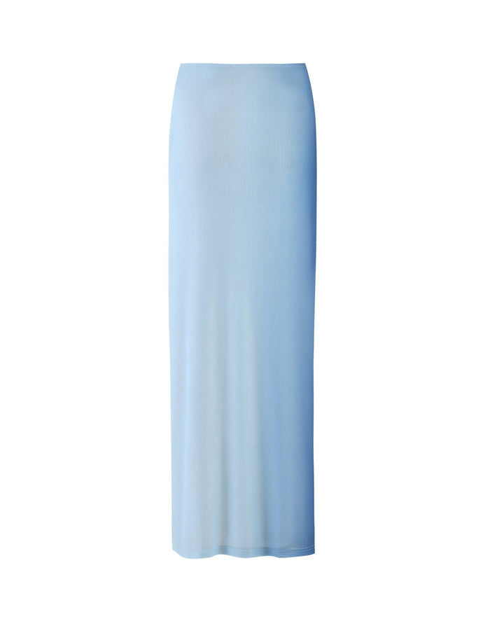 Introducing the ELVERA SKIRT in Blue Gradient Floral from TIGERMIST. This beautifully crafted high-waisted, ankle-length skirt features a slim, straight-cut design. The smooth and slightly sheer fabric provides a soft, flowy appearance, while its minimalistic style is free from any visible embellishments or patterns.