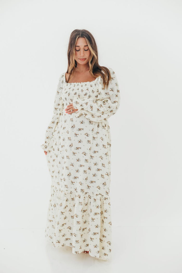 Emerson 100% Cotton Smocked Floral Maxi Dress with Long Sleeves in Off White - Bump Friendly