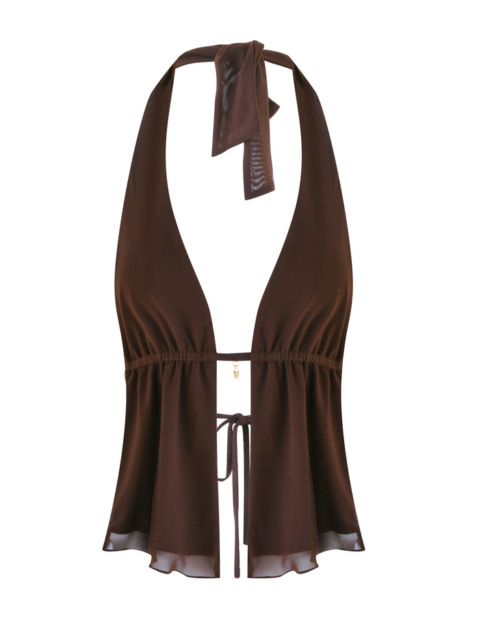 The ESHA TOP - BROWN : CHOCOLATE by TIGERMIST features a brown halter neckline with adjustable ties, deep V-neck, gathered waistband, front tie closure, flared hem, and lightweight, slightly sheer mesh fabric.